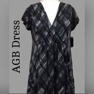 NWT AGB Empire Waist Dress with Diagonal Plaid Gray/Black/White Print Size 14